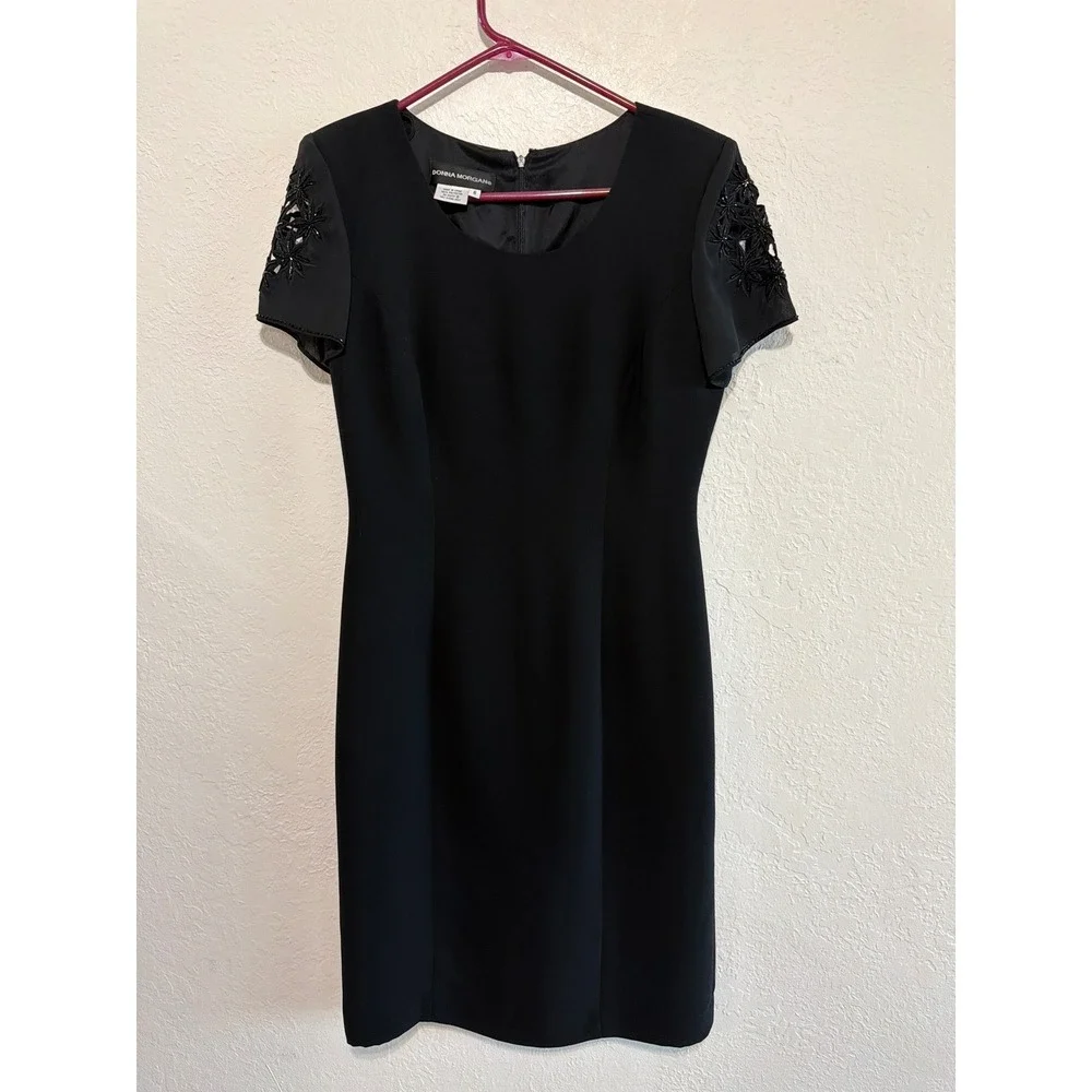 Donna Morgan Black Beaded Sheath Dress Floral Cutout Sleeve Event Cocktail 6